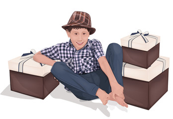 The boy is wearing a hat. A boy in a plaid shirt. The boy is sitting. Happy Birthday.