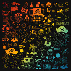 Pirate adventures. Vector icons for kids party. Boys and girls, small kindergarten children. Ship, parrots, treasure chest, octopus, crab Travel exploration