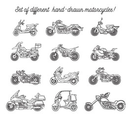 Set of different hand-drawn motorcycles in doodle style. Vector. Isolated!