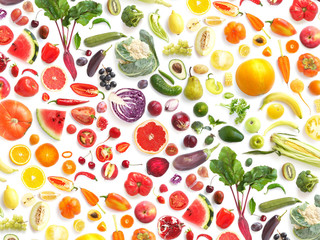  pattern of various fresh vegetables and fruits isolated on white background, top view, flat lay....