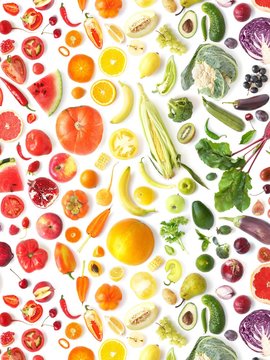  pattern of various fresh vegetables and fruits isolated on white background, top view, flat lay. Composition of food, concept of healthy eating. Food texture.