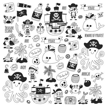 Pirate adventures. Vector icons for kids party. Boys and girls, small kindergarten children. Ship, parrots, treasure chest, octopus, crab Travel exploration