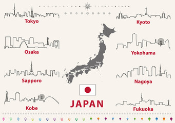 Naklejka premium vector outline icons of Japan cities skylines with japanese flag and map