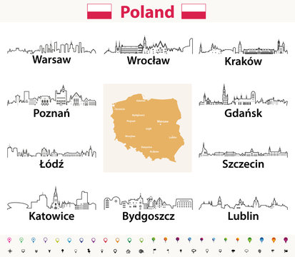 Poland cities skylines  vector outline icons with polish map and flag