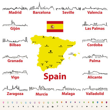 Spain cities skylines vector outline icons with map and flag of Spain