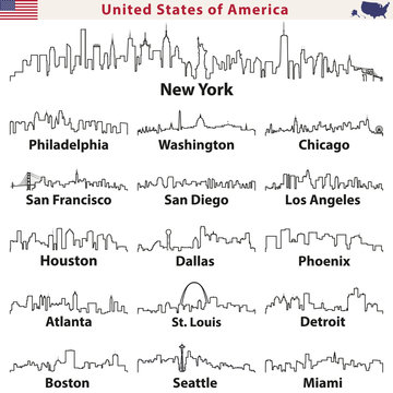 vector outlines icons of United States cities skylines