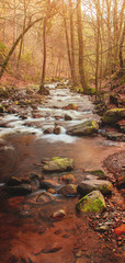 Long exposure mountain river at sunset mood light. Ilsefälle of the mountain river Ilse in the Ilsetal in Ilsenburg, National Park Harz,  Saxony-Anhalt in Germany