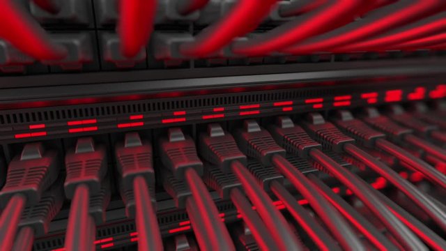 Close-up view of modern internet network switch with plugged ethernet cables. Blinking red lights on internet server.  4k 3d rendering endless loop.