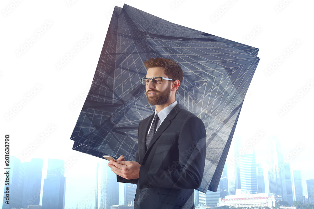 Wall mural businessman using smartphone in abstract city