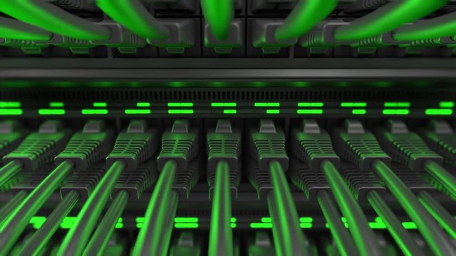 Close-up view of modern internet network switch with plugged ethernet cables. Blinking green lights on internet server.  4k 3d rendering endless loop.