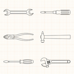 Tool for home repair on the background of the blueprint. Hammer, screwdriver, wrench, pliers. EPS10.
