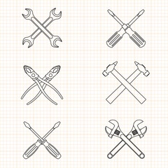 Tool for home repair on the background of the blueprint. Hammer, screwdriver, wrench, pliers. EPS10.