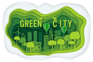 Carving design of park city on green town background as business, earth day, ecology idea, Paper art and craft style concept. vector illustration