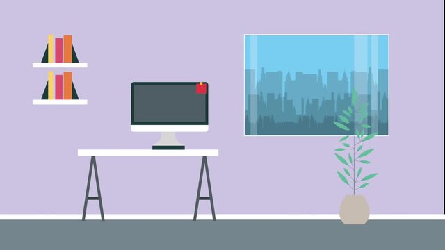 office workspace woman working in desk computer bookshelf lapms plant window cityscape animation hd