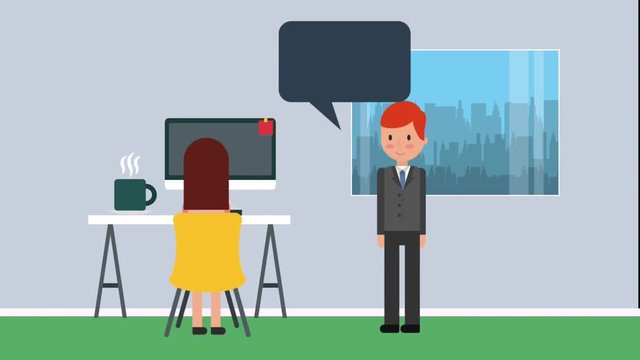 woman sitting work and businessman in office workspace desk computer window cityscape animation