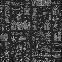Vector pattern with Amsterdam city House, architecture, mill, tulip. Holland doodle icon