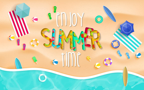 Enjoy summer time background. Top view summer background vector in beach with umbrellas, balls, swim ring, sunglasses, surfboard, hat, sandals, juice, starfish and sea. 