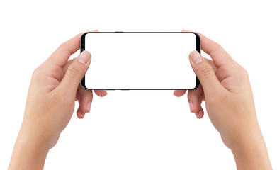Isolated human two hands holding black mobile white display smartphone