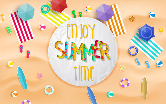 Enjoy summer time background. Top view summer background vector in beach with umbrellas, balls, swim ring, sunglasses, surfboard, hat, sandals, juice, starfish and sea. 