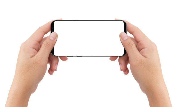 Isolated human two hands holding black mobile white display smartphone