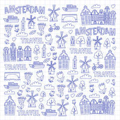 Vector pattern with Amsterdam city House, architecture, mill, tulip. Holland doodle icon
