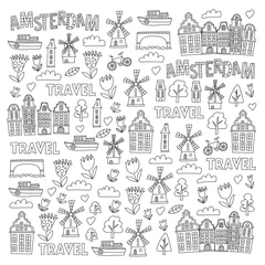 Fotobehang Vector pattern with Amsterdam city House, architecture, mill, tulip. Holland doodle icon © rudut2015