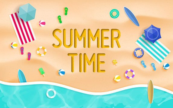 Summer time background. Top view summer background vector in beach with umbrellas, balls, swim ring, sunglasses, surfboard, hat, sandals, juice, starfish and sea. 