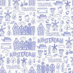 Fototapeta na wymiar Vector pattern with Amsterdam city House, architecture, mill, tulip. Holland doodle icon