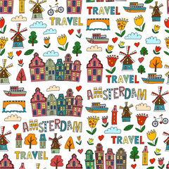 Vector pattern with Amsterdam city House, architecture, mill, tulip. Holland doodle icon