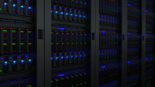 Lamps blinks on servers in modern data center. Loopable 3d animation, seamless loop