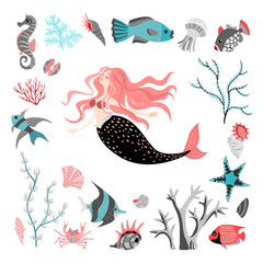 Obraz premium Funny cartoon mermaid surrounded by tropical fish, animal, seaweed and corals. Sea life. Set of cute isolated vector illustrations on white background