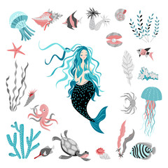 Funny cartoon mermaid surrounded by tropical fish, animal, seaweed and corals. Fairy tale character.  Sea life. Set of cute isolated vector illustrations on white background