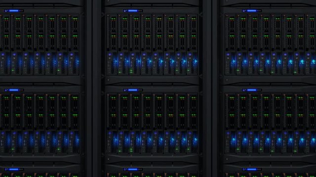Lamps blinks on servers in modern data center. Loopable 3d animation, seamless loop