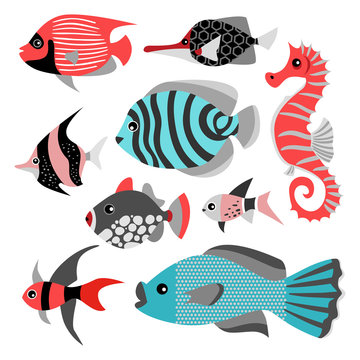 Set of vector illustrations of funny tropical fish.  Sea life. Cute isolated illustrations on white background