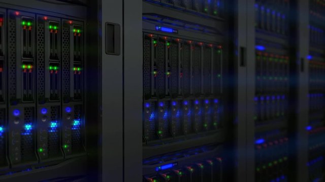 Lamps blinks on servers in modern data center. Loopable 3d animation, seamless loop