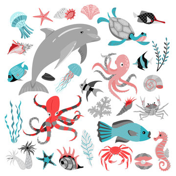 Set of vector illustrations of tropical fish, animal, seaweed and corals.  Sea life. Cute isolated illustrations on white background