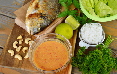 Complementing salt fish (Thai name is Miang PLA POW)
Thai spicy sauce with salt fish