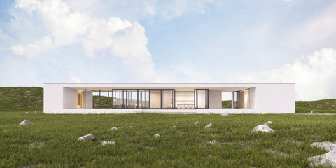 Fototapeta na wymiar 3D rendering of modern architecture with warm interior lighting and fog atmosphere on grass hill background,Concept of minimal design architectural. 