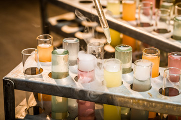 Tubes with reagents in old school laboratory