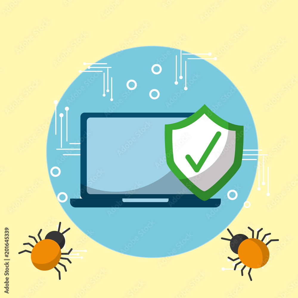 Sticker laptop checkmark ok bugs virus cyber security vector illustration