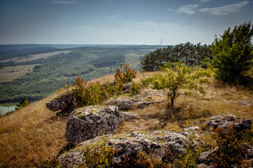 Scenic panorama view from the hill to the reservoir on the Dniester river, Ukraine.