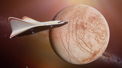 futuristic spaceship in orbit of the planet Jupiter’s moon Europa, shuttle mission to the water ice moon  © dottedyeti