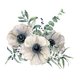 Fototapeta Watercolor white anemone bouquet. Hand painted flower, eucalyptus leaves and juniper isolated on white background. Illustration for design, fabric, print or background. obraz