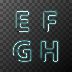 Bright blue realistic neon letters, vintage E F G H latin letters on transparent