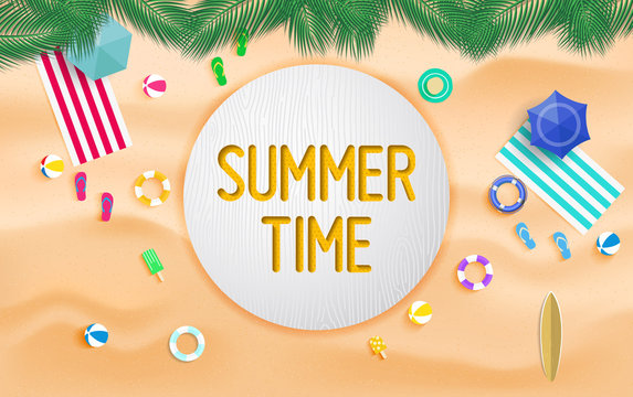 Summer time background. Top view summer background vector in beach with umbrellas, balls, swim ring, sunglasses, surfboard, hat, sandals, juice, starfish and sea. 