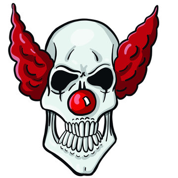 halloween vector horror clown skull with crazy hair und red clown nose.