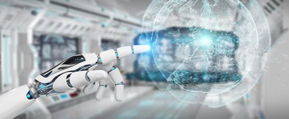 White robot hand using digital screen interface 3D rendering