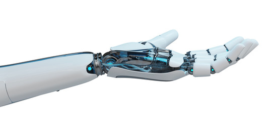 White cyborg opening his hand 3D rendering