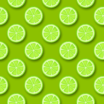 Lime fruit seamless pattern. Sliced pieces citrus, green color background. Vector illustration.