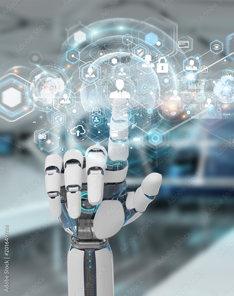 Poster white robot hand using digital screen interface 3d rendering